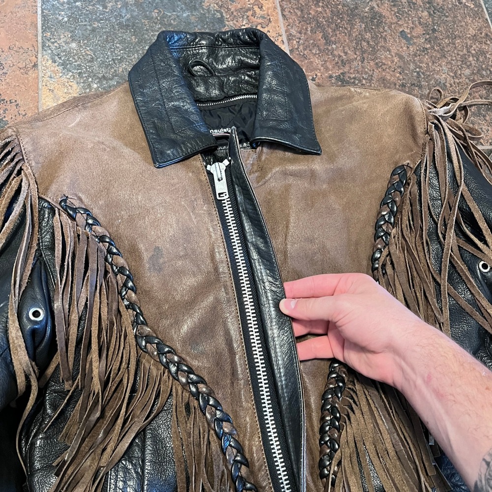 Vintage Wilsons Leather Fringe Jacket Womens S Black Brown Motorcycle Biker 90s - Picture 5 of 16
